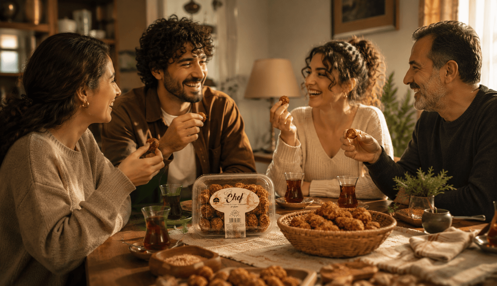 Aile sofrasında dört kişi gülerek Kıbrıs gevreği ikram ediyor; masada Miss Chef ambalajı, çay ve susam